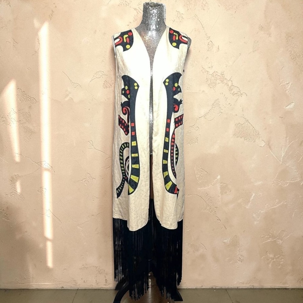 Longline Brocade Cream Vest Sleeveless Fringe Hem Boho Festival Small Folk